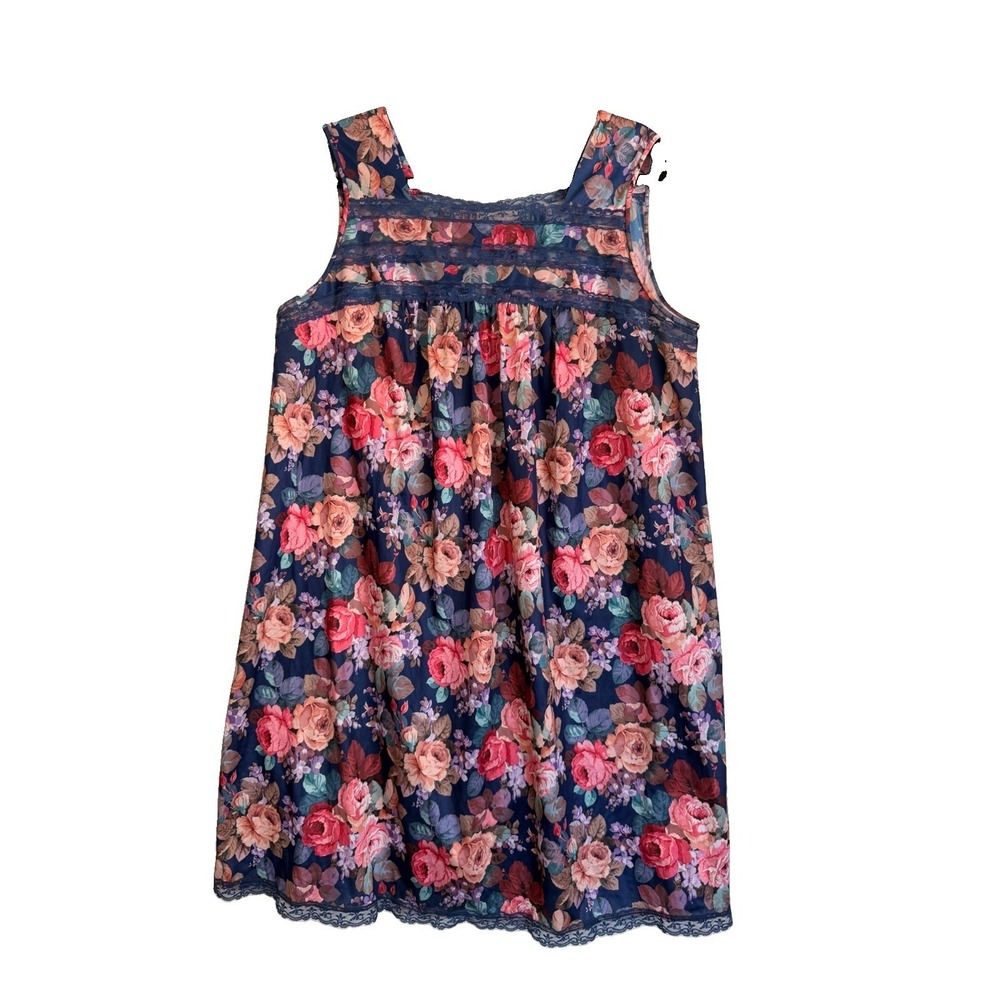 Vtg USA Vanity Fair  Sleeveless Nightgown Floral Rose Lace Accent Slip‎  Size L